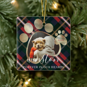 Paw Print Pet Photo Red Plaid Pet Name Memorial Ceramic Ornament