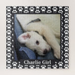 Paw Print Puppy Photo with Name Jigsaw Puzzle<br><div class="desc">Customize name and image with your pet.</div>