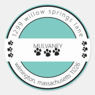 Paw Print Return Address Turquoise Classic Round Sticker