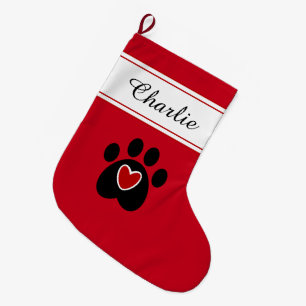 Paw Print with a Red Heart Large Christmas Stocking