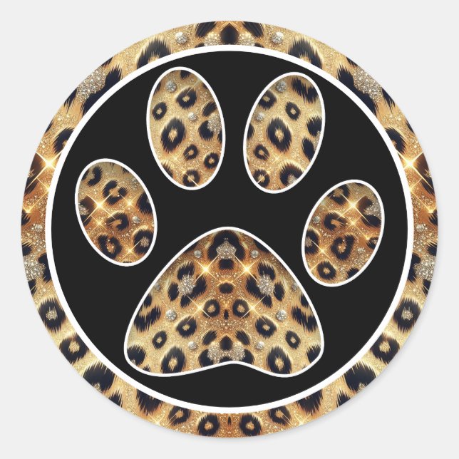 Paw Print with Gold & Black Leopard Sparkle  Classic Round Sticker (Front)