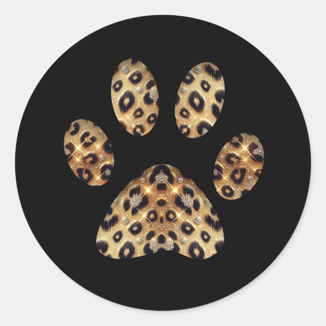 Paw Print with Gold & Black Leopard Sparkle  Classic Round Sticker (Front)