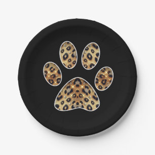 Paw Print with Gold & Black Leopard Sparkle Paper Plate