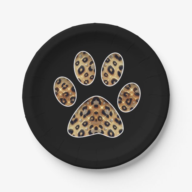 Paw Print with Gold & Black Leopard Sparkle  Paper Plate (Front)