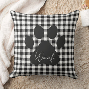 Paw Print WOOF Buffalo Plaid Black White Pet Decor Throw Pillow