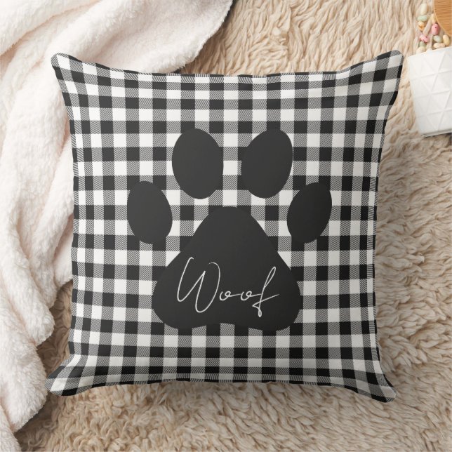 Paw Print WOOF Buffalo Plaid Black White Pet Decor Throw Pillow (Blanket)