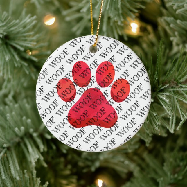 Paw Print Woof Typography Dog Modern Colourful Fun Ceramic Ornament (Tree)