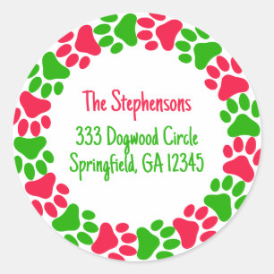 Paw Print Wreath Bright Red and Green Address Classic Round Sticker