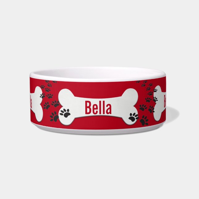 Paw Prints and Dog Bone on Red  Bowl (Front)