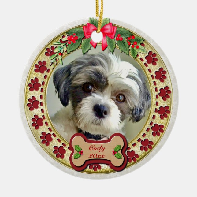Paw Prints and Gold Frame Custom Pet Photo Ceramic Ornament (Front)