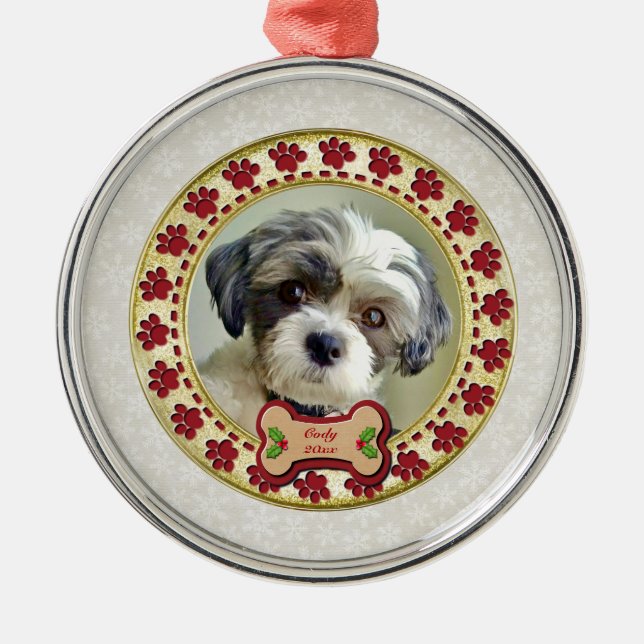 Paw Prints and Gold Frame Custom Pet Photo Metal Ornament (Front)