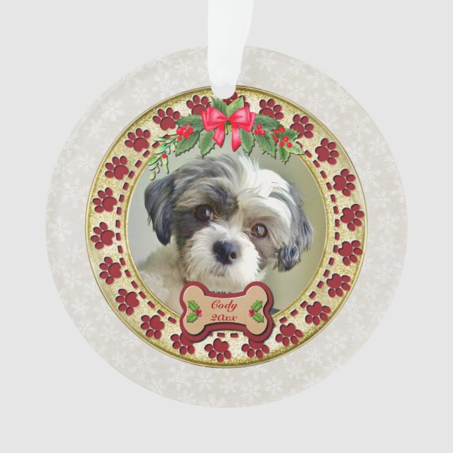 Paw Prints and Gold Frame Custom Pet Photo Ornament (Front)