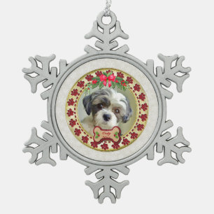 Paw Prints and Gold Frame Custom Pet Photo Snowflake Pewter Christmas Ornament