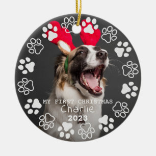 Paw Prints and Hearts Frame Custom Pet Photo  Ceramic Ornament