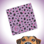 Paw prints and hearts pattern Lilac Monogram name Bandana<br><div class="desc">Cute bandana with black paw prints and pink hearts pattern on purple violet colour. Lovely accessory for dogs and dog owners :) • Personalize it with pet's name and monogram, delete text or customize further - edit fonts, colours, resize/move/delete elements, add text and more, or transfer it on another product....</div>