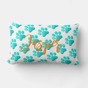 Paw Prints Aqua Blue PET NAME Orange Artisan Fun Lumbar Pillow