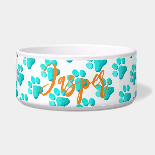 Paw Prints Aqua Blue PET NAME Orange Modern Fun (Front)