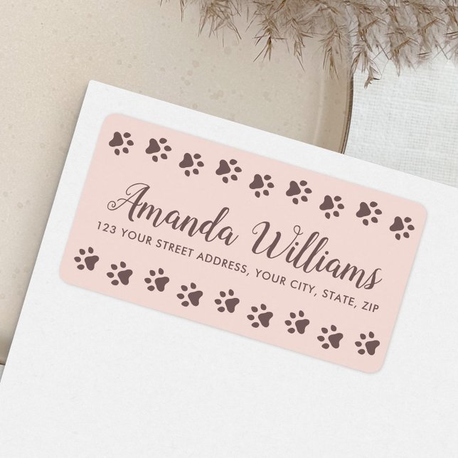 Paw prints blush pink brown pretty script return label (Creator Uploaded)