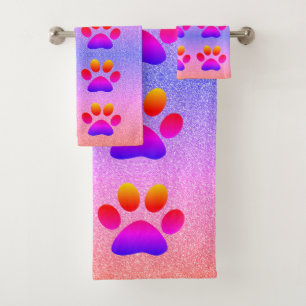 Paw Prints Colourful Glittery Multicolor Rose Gold Bath Towel Set