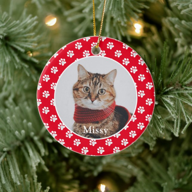 Paw Prints Custom Pet Photo Cat Name Ceramic Ornament (Tree)