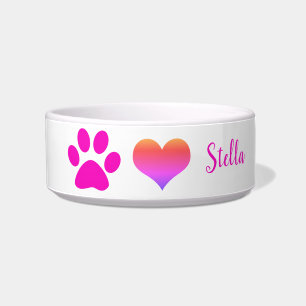 Paw Prints Cute Heart Monograms Pink White Ombre Bowl