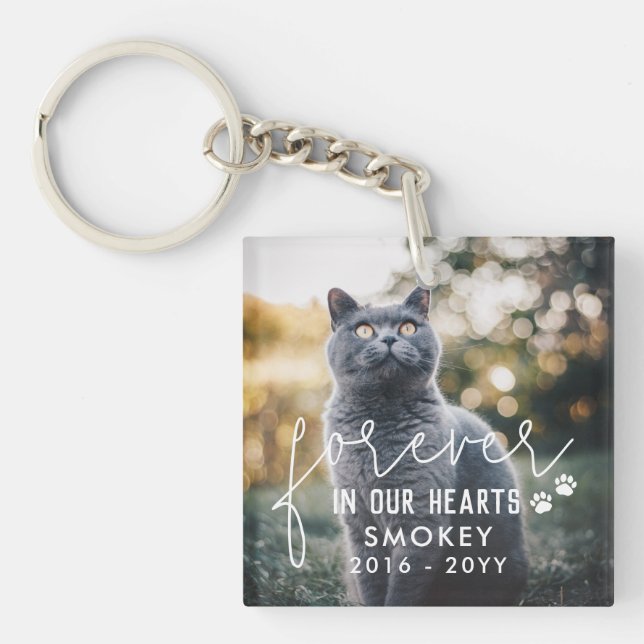 Paw Prints Forever In Our Hearts Cat Photo Keychain (Front)