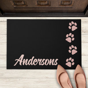 Paw Prints Glitter Rose Gold Monogram Cat Dog Mom Doormat