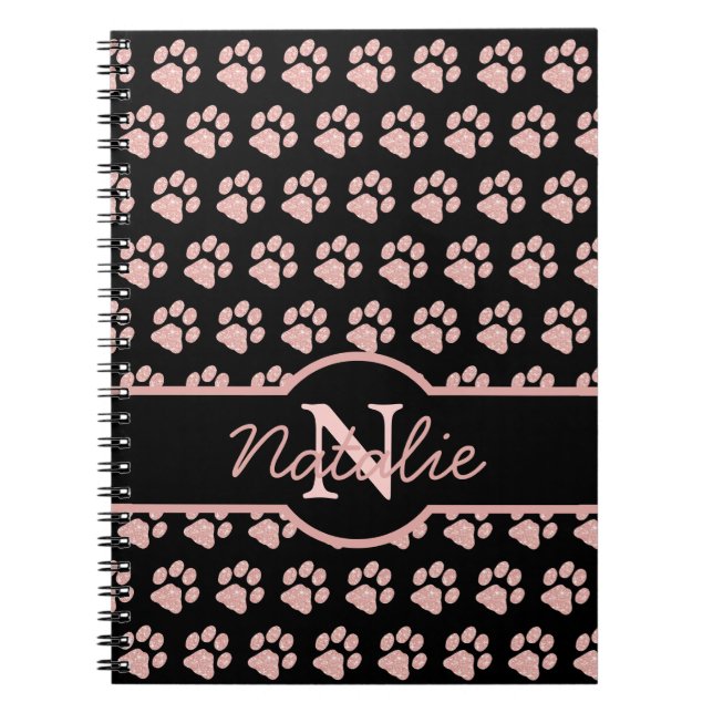 Paw Prints Glitter Rose Gold Monogram Cat Dog Mom Notebook (Front)