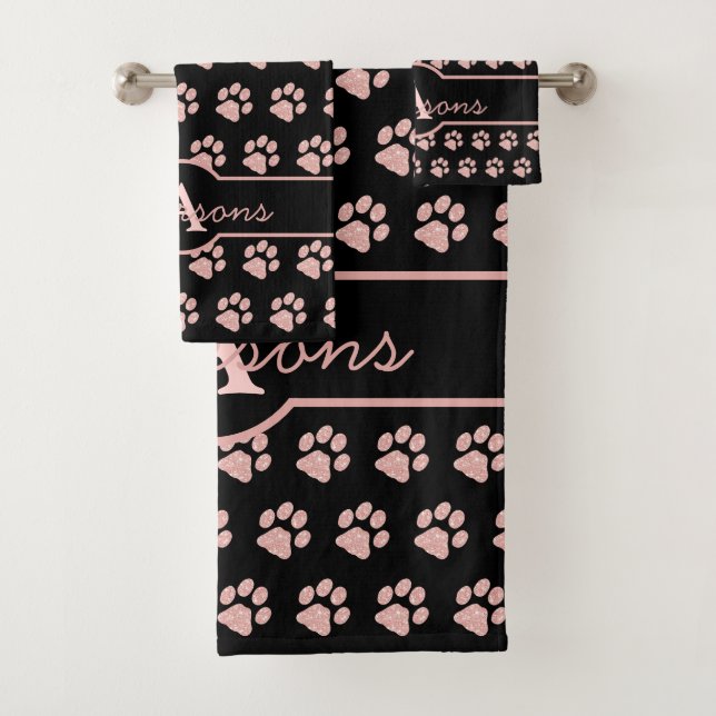 Paw Prints Glitter Rose Gold Monogram Dog Cat Paw Bath Towel Set (Insitu)