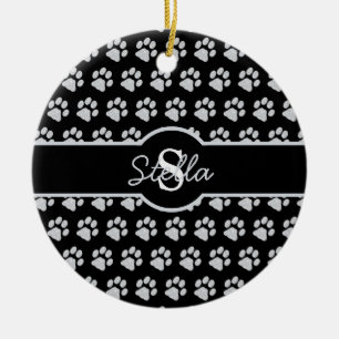 Paw Prints Glitter Silver Monogram Cat Dog Mom Ceramic Ornament