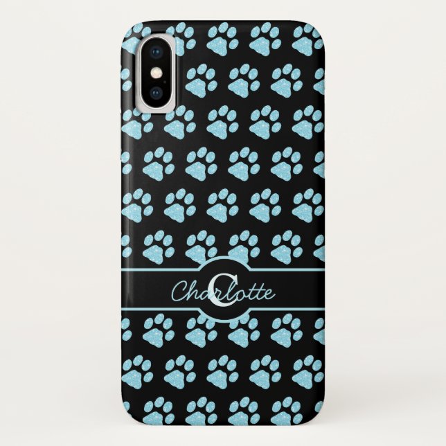Paw Prints Glitter Teal Blue Stylish Monogram Dog Case-Mate iPhone Case (Back)