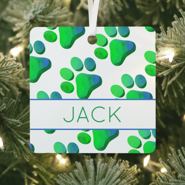 Paw Prints Green Blue Pet NAME Dog Cat Fun Metal Ornament (Insitu)