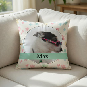 Paw Prints & Hearts Custom Dog Photo  Throw Pillow