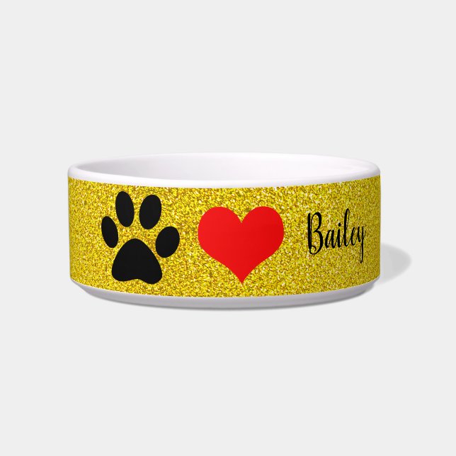 Paw Prints Monograms Gold Glittery Gift Cute Heart Bowl (Front)