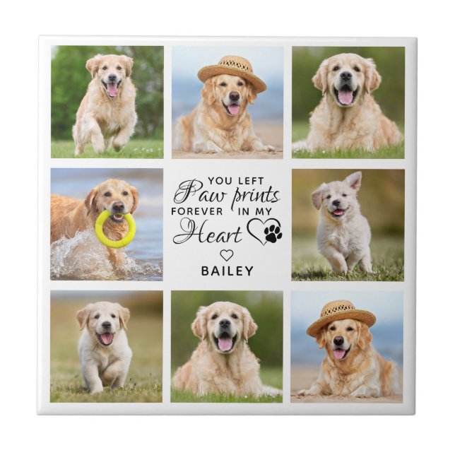 Paw Prints On My Heart Pet Memorial Photo Collage Tile (Front)
