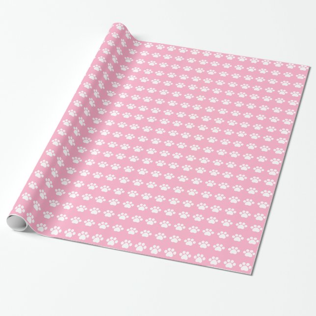 Paw Prints on Pink Background Wrapping Paper (Unrolled)