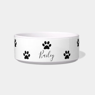 Paw Prints Patterns Black White Custom Name Cute Bowl