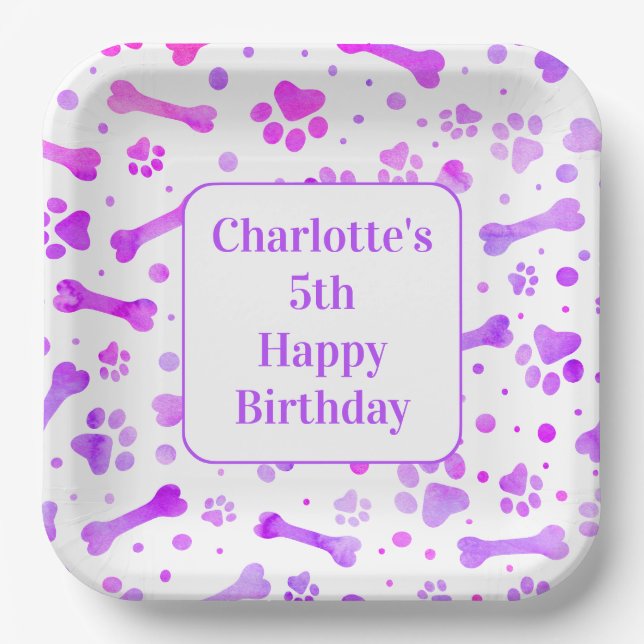 Paw Prints Personalized Pink Purple Birthday Party Paper Plate (Front)