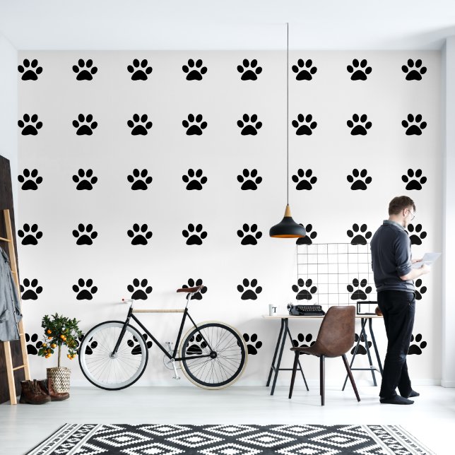 Paw Prints Pets Black White Simple Animal Pattern Wallpaper (Living Room)