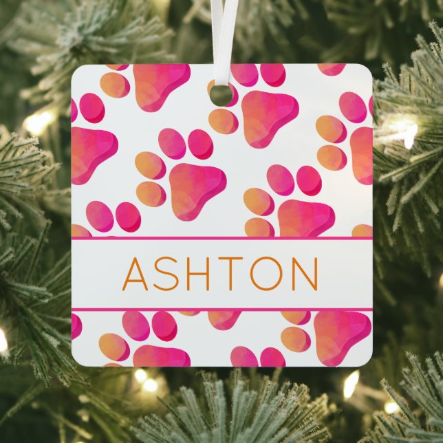 Paw Prints Pink Orange PET NAME Dog Cat Fun  Metal Ornament (Insitu)
