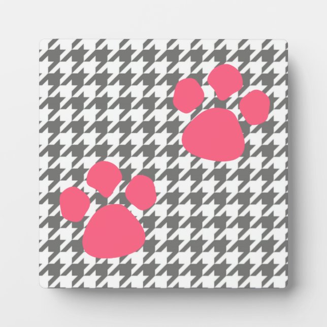 Paw Prints Plaque - Grey Pink Houndstooth (Front)
