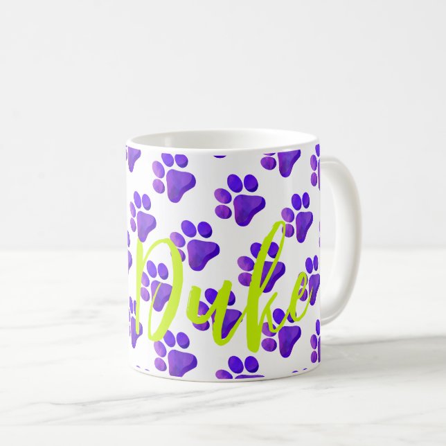 Paw Prints Purple PET NAME Cat Dog Colourful Fun Coffee Mug (Front Right)