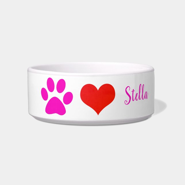 Paw Prints Red Heart Cute Monograms Pink White Bowl (Front)