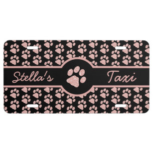 Paw Prints Rose Gold Glitter Cute Dog Mom Dog Taxi License Plate