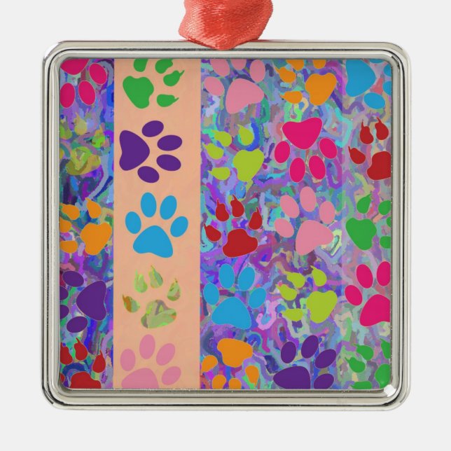 Paw Prints Square Metal Ornament (Front)