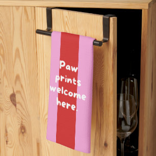 'Paw Prints Welcome Here.' Red And Pink Striped Kitchen Towel