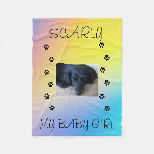 Paw Prints with Pet's Photo and Name Yellow, Pink  Fleece Blanket (Front)