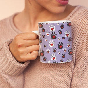 Paw Prints with red hearts on blue Large Coffee Mug