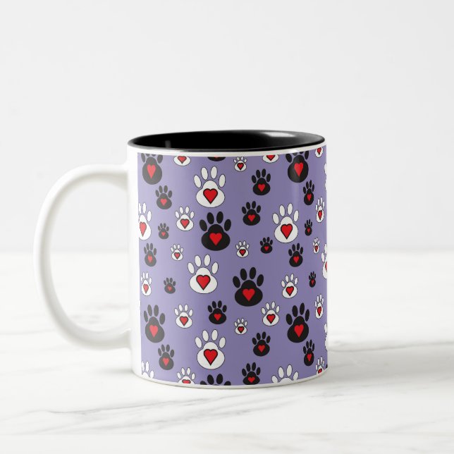 Paw Prints with red hearts on blue Two-Tone Coffee Mug (Left)