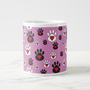 Paw prints with red hearts on pink  large coffee mug